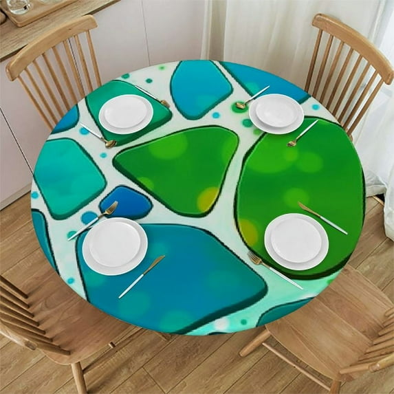 JEUXUS Kitchen Decoration Round Tablecloths Mosaic Geometric Pattern Wipable Polyester Cloth Spring Summer Party Table Cover Abstract Tables Sky Blue Green White