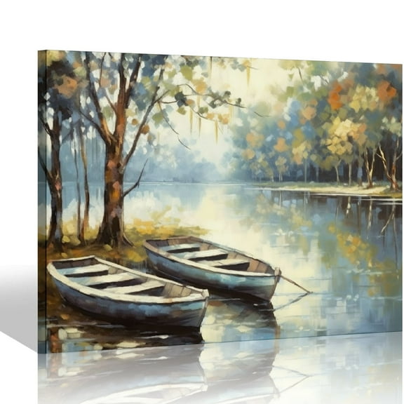 JEUXUS Lake Boat Canvas Wall Art: Modern Nature Landscape Painting Print Hand Painted Abstract Sunset Forest Scene Picture Artwork for Bedroom Living Room Office Decor 20x16 inch