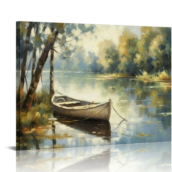 JEUXUS Lake Landscape Wall Art Canvas: Abstract Nature Boats Scene Oil Painting Picture Hand Painted Relaxing Sunset Forest Print Artwork for Home Office Bedroom Living Room Decor
