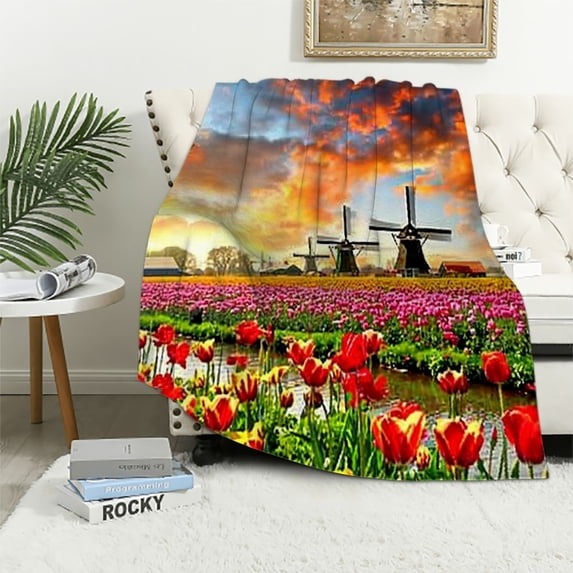 JEUXUS Landscape Paintings Traditional Dutch Windmills Flannel Material Blanket White
