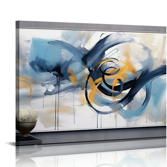 JEUXUS Large Abstract Canvas Wall Art - Black Frame Wall Decor - Modern Living Room Wall Decor & 20x16 Inches Oversized Elegant Blue and White Gray Background Blue Gradient Picture Artwork