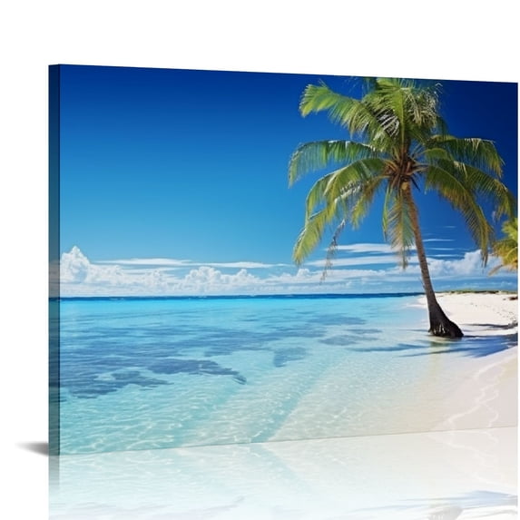 JEUXUS Large Canvas Wall Art Summer Ocean Waves Prints Coconut Trees on Sands Beach Seascape Painting Sea Nature Pictures Framed for Living Room Home Office Wall Decor Artwork 20x16 inch