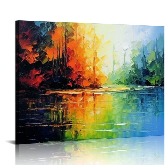 JEUXUS Large Colorful Landscape Oil Painting Abstract Landscape Canvas Wall Art Lake Scenery Artwork