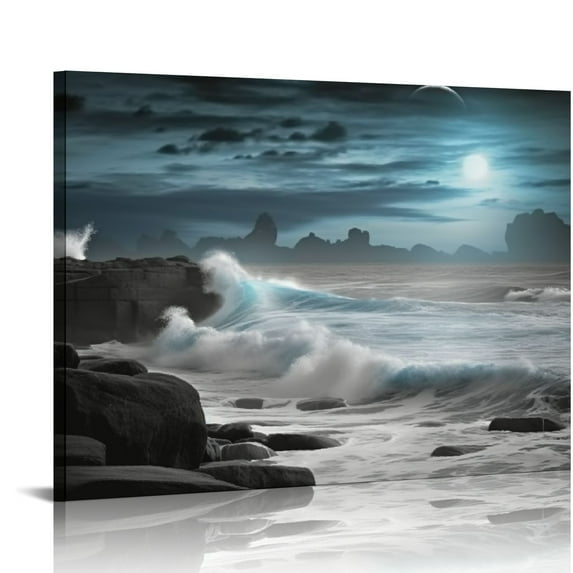 JEUXUS Large Framed Wall Art Canvas Ocean Decor Beach Theme Bedroom Large Black White Blue Ocean Waves Seagulls Moon Picture Living Room Decoration Posters Art Wall Paintings, Ready to Hang 20x16in