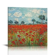 JEUXUS Large Poppy Field June 1890 Canvas Print of Vincent Van Gogh Wall Art Paintings Reproduction Field Pictures Artwork for Wall Decor and Home Decorations 16x16 inch