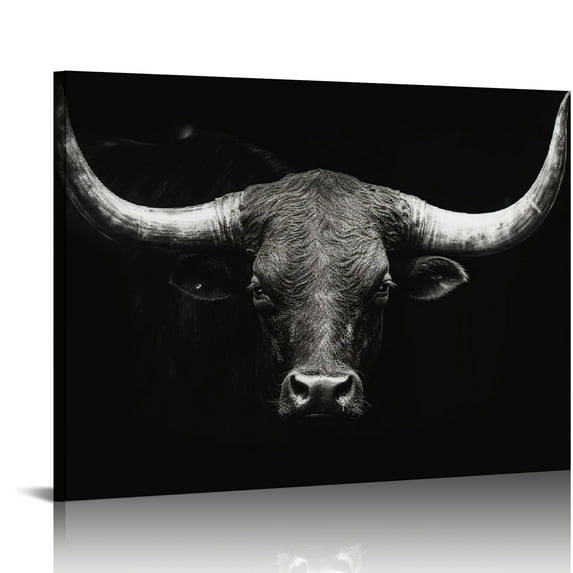JEUXUS Large Size Longhorn Cow Canvas Wall Art Black and White Western Cattle Portrait Photo Painting Artwork for Man Cave Home Office Living Room Decor 20x16 inch