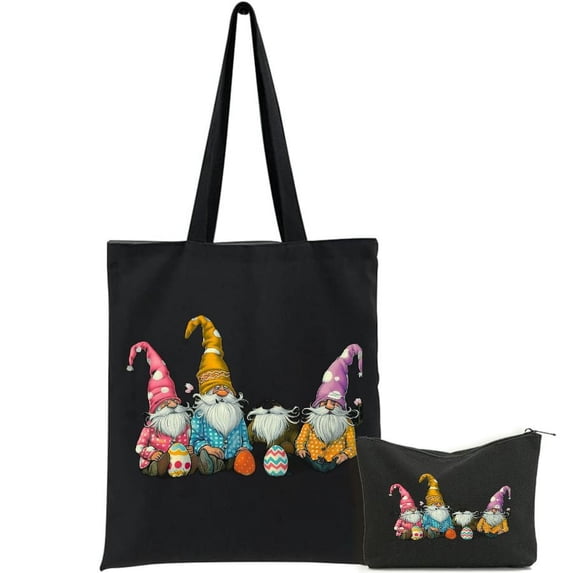 JEUXUS Large Tote Top Handle Shoulder Bags 2 Pcs Canvas Tote Bags Cute Aesthetic Tote Bags with Zipper Easter Bunny Spring Gnome Easter Egg Hunting And Basket Gift Black