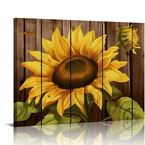 JEUXUS Large Vintage Sunflower Canvas Wall Art Yellow Flower Still Life Rustic Brown Home Kitchen Wall Decorations Stretched and Framed Ready to Hang 16x12in