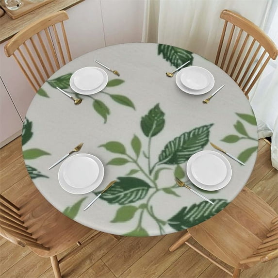 JEUXUS Leaf Green Round Tablecloth Reusable Circle Table Cover Washable Circle Table Cloth for Kitchen Dining Room Picnic Patio Wedding Party White