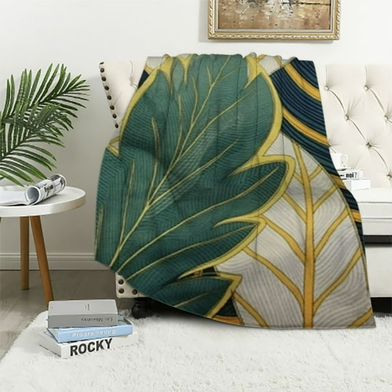 JEUXUS Leaf Wall Navy Blue Pine and sage Green Leaves Golden Lines Flannel Blanket Home Sleeping Blanket Decor Sofa Blanket