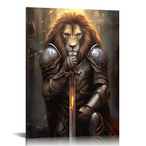 JEUXUS Lion King and Jesus Warrior Wall Art, Lion Animal Canvas Wall Art, Christian Warrior Canvas Painting for Living Room Decor, Jesus Warrior & Lion Poster for Men Room Wall Decor 12x16 Inches