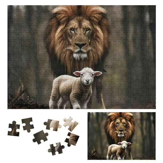 JEUXUS Lion Lamb Forest Wooden Jigsaw Puzzle Challenging Difficult Wood Puzzles for Adults 300 PCS