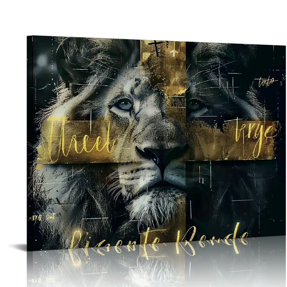 JEUXUS Lion Motivational Canvas Wall Art Christian Cross Lion Wall Decor Jesus Lion of Judah Pictures Prints Inspirational Scripture Gifts Home Framed Artwork for Living Room Bedroom Bathroom