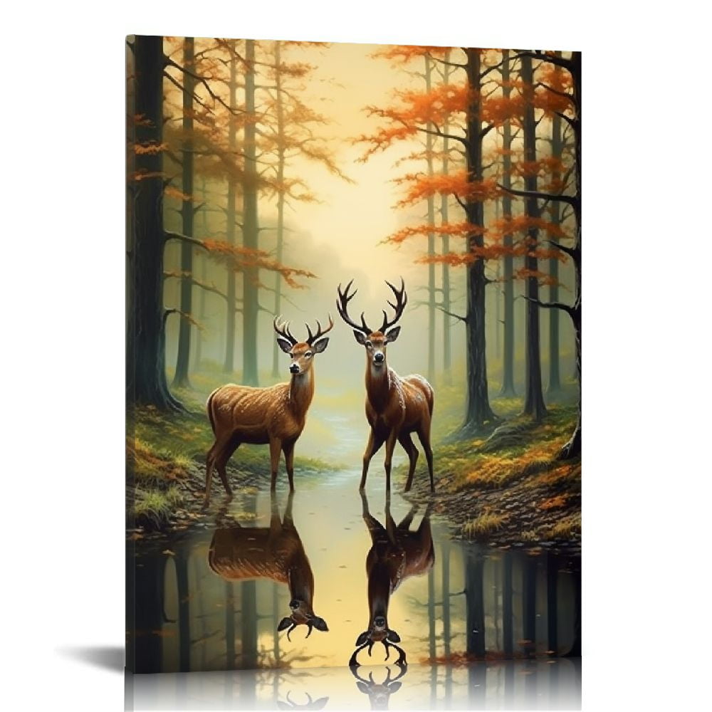 JEUXUS Living Room Wall Art Bathroom Frameless Canvas Decor Forest Deer ...