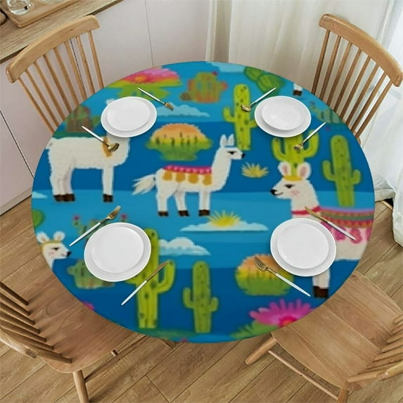 JEUXUS Llama and Cactus Pattern Tablecloth with Elastic Edge Waterproof Table Cover Round Table Cloth for Dinner Outdoor Picnic