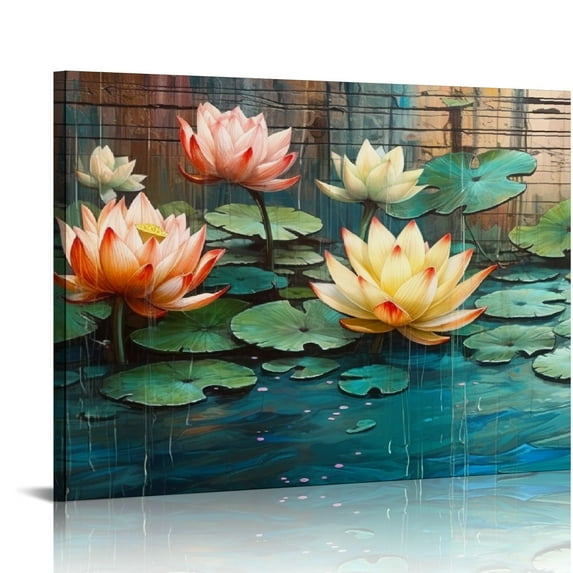 JEUXUS  Lotus Flower Wall Art for Living Room, Floral Canvas Wall Decor for Bedroom, Teal Vintage Print Painting, Colorful Artwork for Home, Aesthetic Picture Decoration