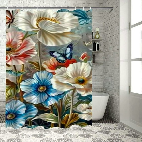 JEUXUS Lotus Flower White and Indigo Blue Floral Picture Shower Curtain Set White