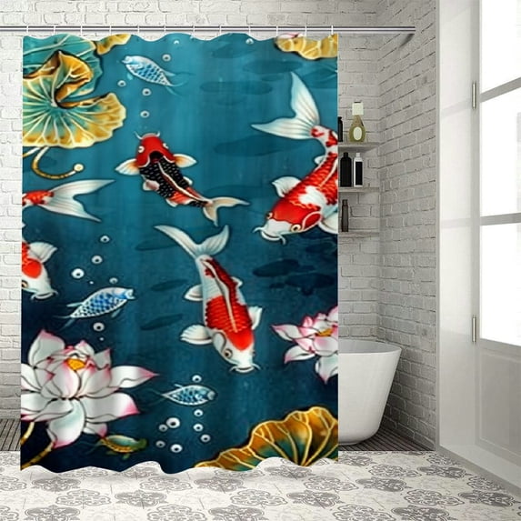 JEUXUS Lucky Nine Koi Fish Shower Curtain for Bathroom, Multiple Sizes White
