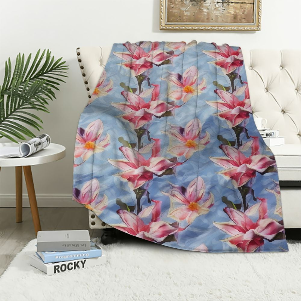 JEUXUS Magnolia Throw Blanket, Low Poly Nature Composition Hand Drawn