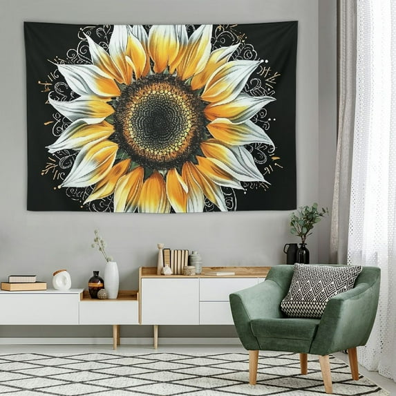 JEUXUS Mandala Sunflower Tapestry, Trippy Yellow Floral Flower on Black Small Tapestry Wall Hanging for Bedroom, Hippie Tapestry Beach Blanket College Dorm Home Decor