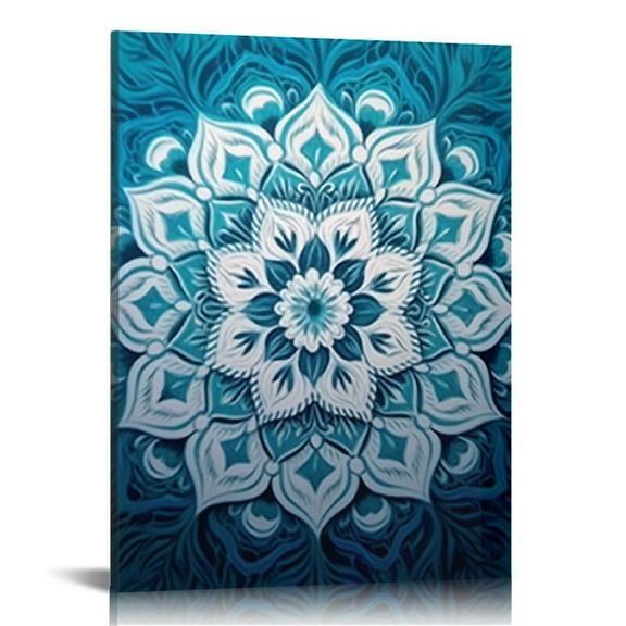 JEUXUS Mandala Wall Art Teal Artwork Pictures Blue Boho Decor Flowers Canvas Prints Aqua Geometric Paintings Home Decor Framed for Bedroom Office Bathroom Living Room 16x20 inch