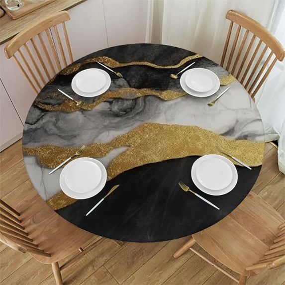 RUIYC Marble Fitted Tablecloths, Glitter Veins Marble Texture Resistant Washable Polyester Elastic Table Cover for Living Room Use, Fits Table, Black Grey Gold