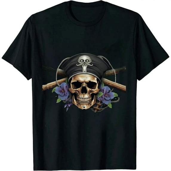 JEUXUS Men's Graphic T-Shirt, Pirate Skull - Father's Day, Birthday Gift - Funny Novelty Tee for Vacation, Beach Lover
