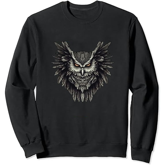 JEUXUS Men's Tribal Owl Skull Majestic Wings Black Pullover Sweater Black