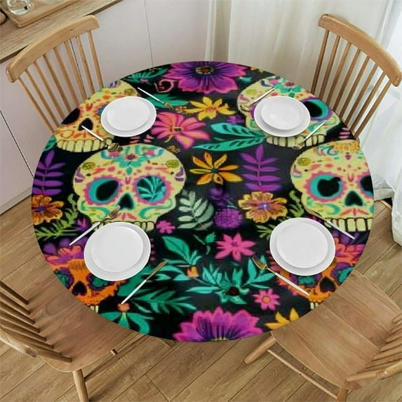 JEUXUS Mexican Skull Round Tablecloth- Waterproof Fabric Table Cloth Protector, Colorful Floral Geometric Boho Ethnic Tablecloths Washable Table Cover for Kitchen Banquet Party