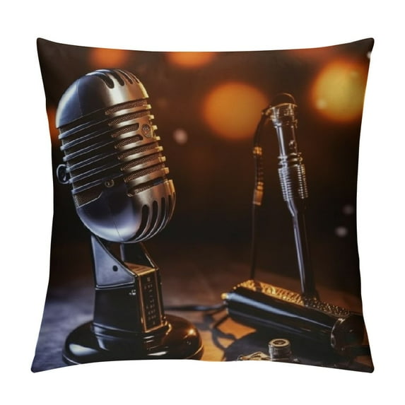 JEUXUS Microphone with Music Notes Print Throw Pillow Cover Cozy Soft Four Seasons Cushion Cover Modern Square Decorative Pillowcase with Hidden Zippered for Living Room Bedroom Sofa