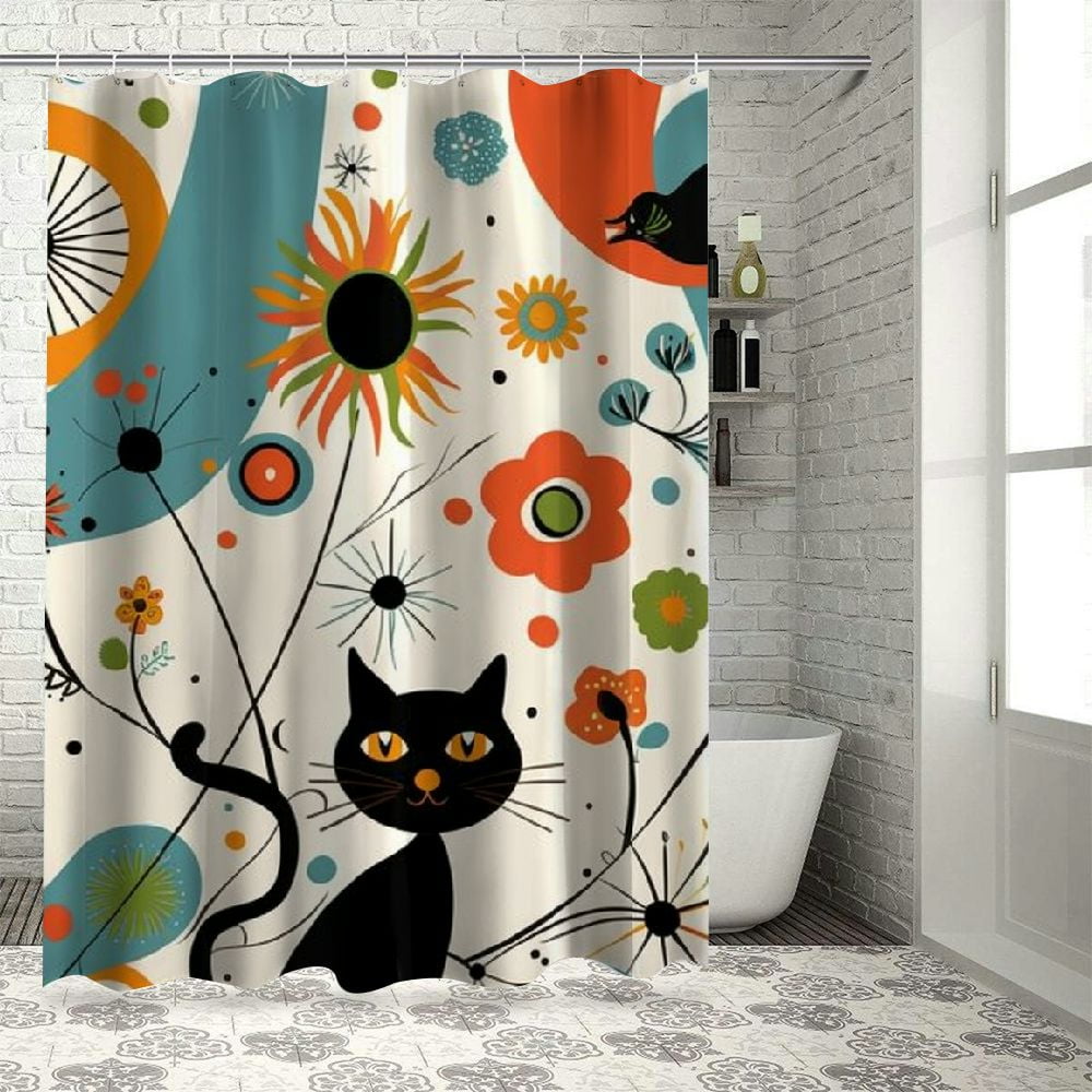JEUXUS Mid Century Black Cat Shower Curtain Modern Atomic Starbursts ...