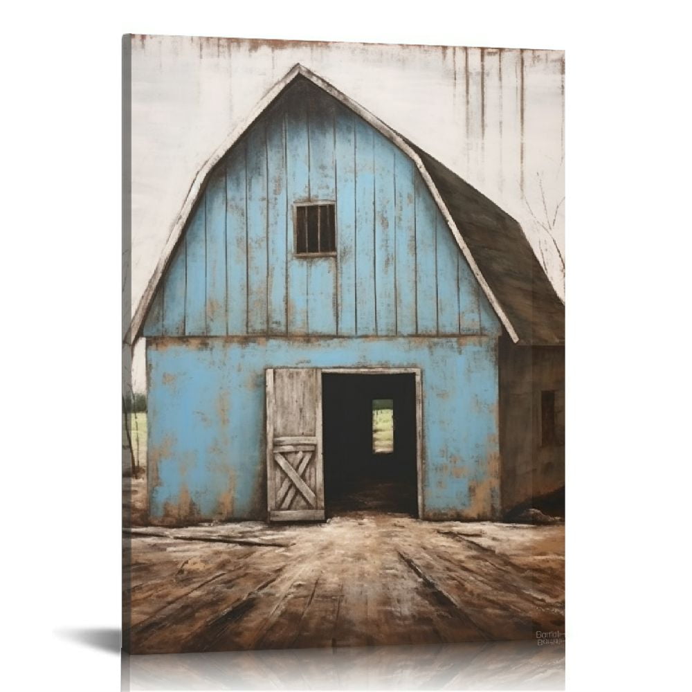 JEUXUS Modern Abstract Farmhouse Wall Art Teal and Blue Barn Painting ...