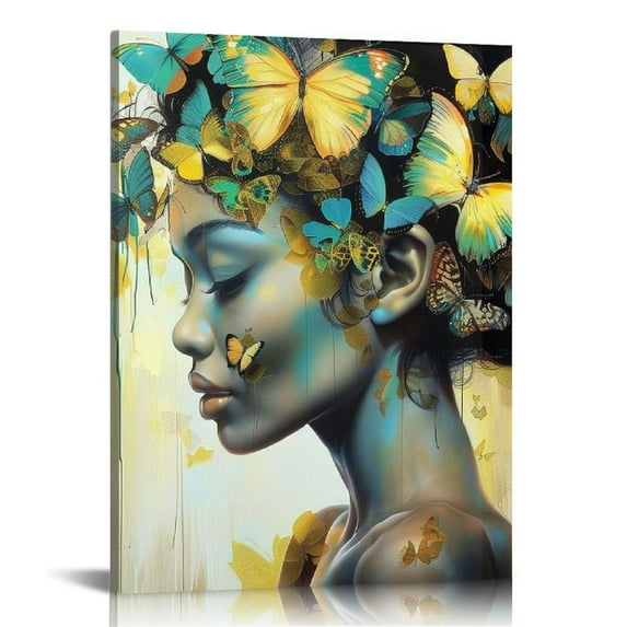 JEUXUS Modern African American WaLL Art,Black Girl with Flowers Butterfly Head Painting, Woman Portrait Canvas Print Artwork for Home Bedroom Bathroom Living Room Decor 16x20 in