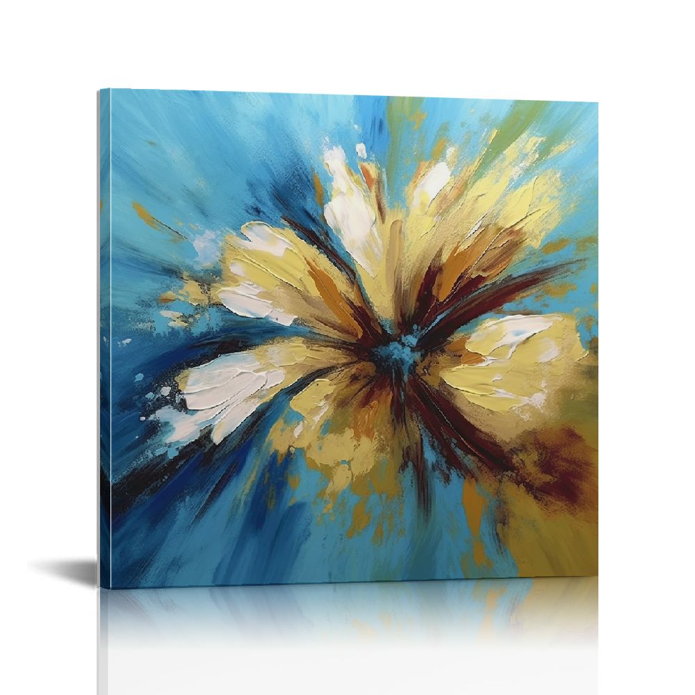 JEUXUS - Modern Canvas Flower Wall Art Abstract Gold Floral Blue ...