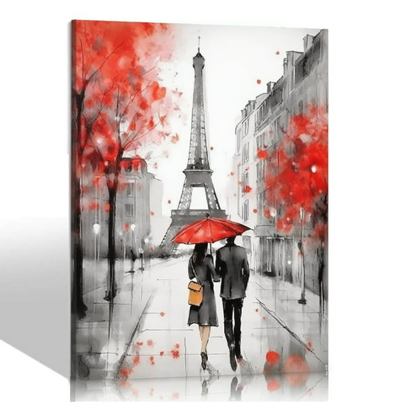 JEUXUS Modern Giclee Canvas Prints Paris Black and White with Eiffel Tower Red Umbrella Couple Wall Art Landscape Wall Decor Paintings on Canvas Framed Ready to Hang for Bedroom 16x20 inch