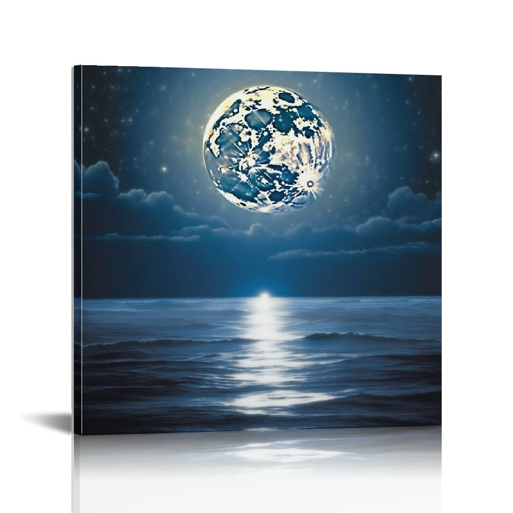 JEUXUS Moon Painting Canvas Wall Art - Moonrise On Sea Ocean Framed ...