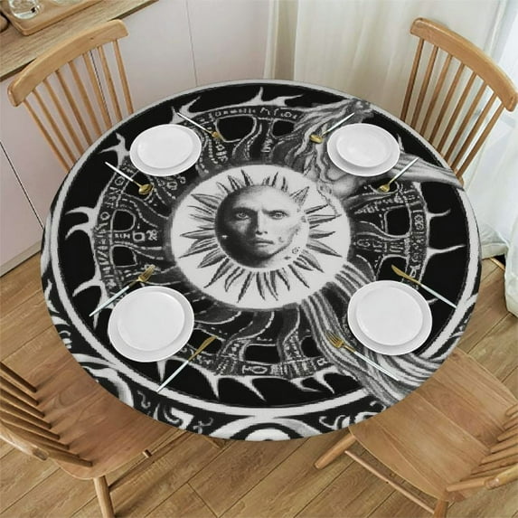 RUIYC Moon Sun Round Waterproof Table Cover Elastic Edged Tablecloth Wipeable Table Mat for Indoor Outdoor Kitchen Party,Medium