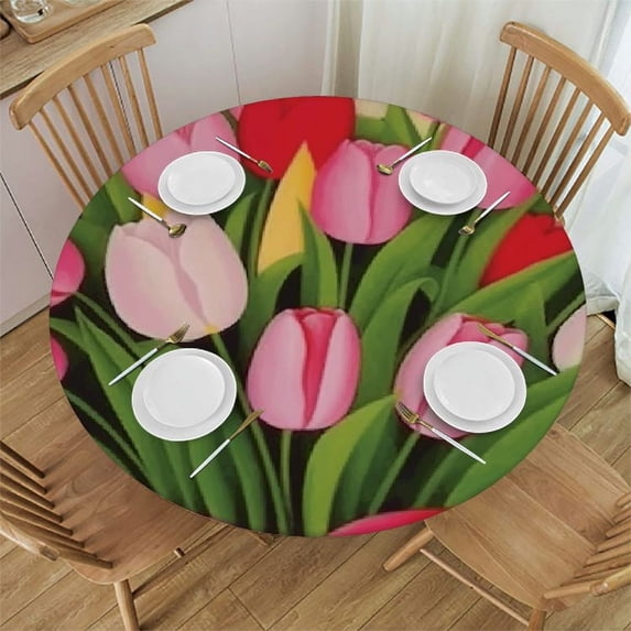 JEUXUS Mother's Day Round Tablecloth,Beautiful Spring Tulips Flowers Bouquet Lace Table Cloth Water Resistant Spill Proof Large Table Cover for Family Hotel Dining Kitchen Party