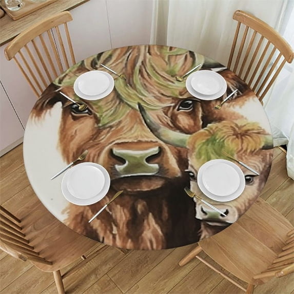 JEUXUS Mother's Day Round Tablecloth, Spring Scottish Highland Cattle White Waterproof Oil-Proof Table Cloth Washable Tablecloths, Farm Yak Animal Tabletop Decor for Kitchen Dining Holiday Party