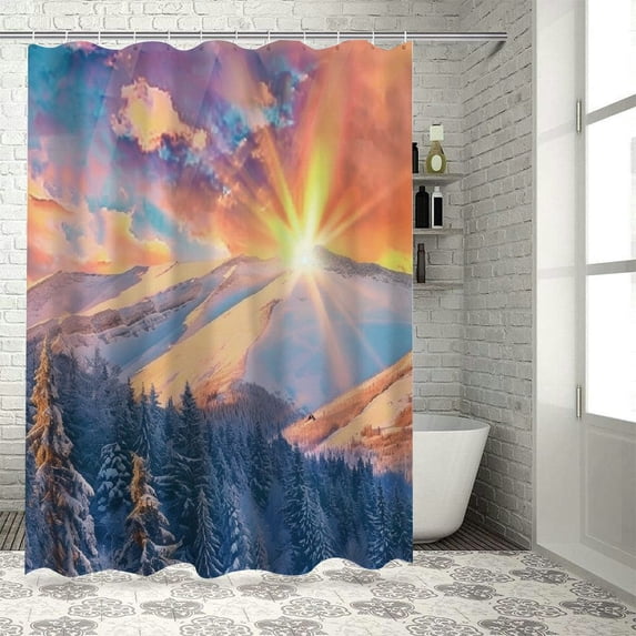 JEUXUS Mountain View with Colorful Winter Sunrise on The Top Shower Curtain White