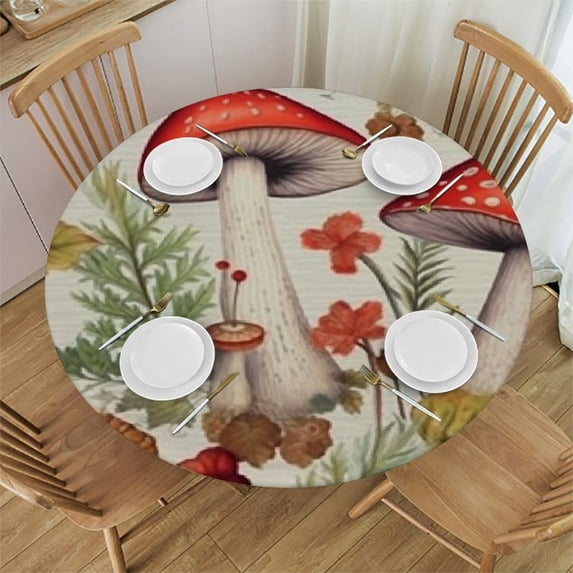 JEUXUS Mushroom Round Tablecloth Waterproof Fabric Table Cloth Protector, Farmhouse Vegetables Teal Botanical Burlap Tablecloths Washable Table Cover for Kitchen Banquet Coffee Table Outdoor Party