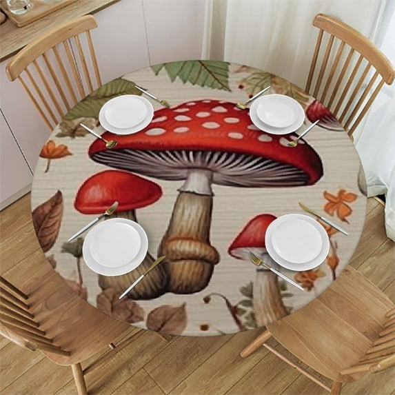 JEUXUS Mushroom Round Tablecloth - Waterproof Fabric Table Cloth Protector, Farmhouse Vegetables Teal Botanical Burlap Tablecloths Washable Table Cover for Kitchen Banquet Coffee Table Outdoor Party