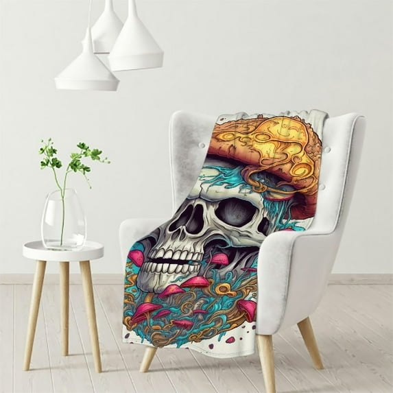 JEUXUS Mushroom Skull Throw Blanket, Plush Fluffy Blanket, Gothic Sherpa Blanket, Super Soft Throw Blanket for Sofa, Couch and Bed