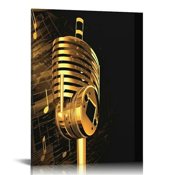JEUXUS  - Music Artistic Paintings Wall Art Gold Microphone and Headset Note Picture Canvas Giclee Print Modern Home Studio Decor Stretched and Framed Ready to Hang 12x16 in