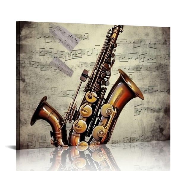 JEUXUS Music Canvas Wall Art Vintage Piano Guitar Drum Set Saxophone Pictures Stretched Canvas Framed Art Abstract Music Notes Posters Artwork for Modern 20x16in