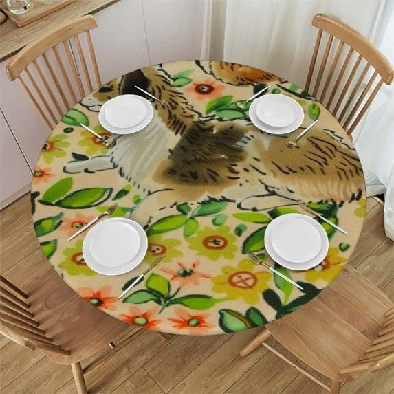 JEUXUS Nature Cute Rabbit Table Cloth Round Tablecloth Spill Proof Table Cloths Washable TableCloths Kitchen Tabletop Decoration Wrinkle Free Table Cover for Wedding Dining Table Party White