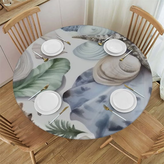 JEUXUS Nautical Coastal Round Tablecloth Summer Starfish Seashells Circle Table Cloth Ocean Stain Resistant Table Cover for Kitchen Dining Picnic Parties Weddings Indoor Outdoor Decor