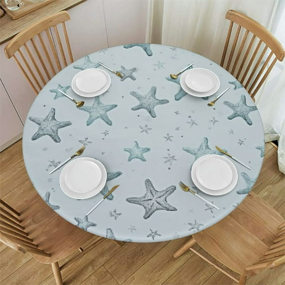 JEUXUS Nautical Coastal Tablecloth Round Rustic Blue Ocean Starfish Print Table Cloth Summer Sea Beach Decorative Table Cover with Resistant for Home Kitchen Dining Table Indoor Party Picnic