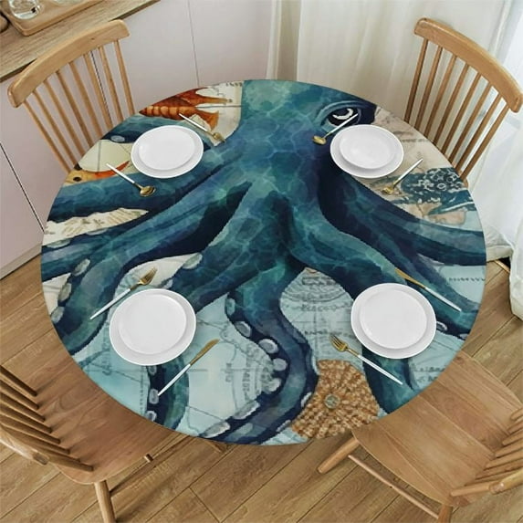 JEUXUS Nautical Octopus Sea Turtles Beach Table Cloth Cover,Elastic Edge,Suitable for Catering and Kitchen Can Wipe Dining Round Table coverr,for Round Tables,Green