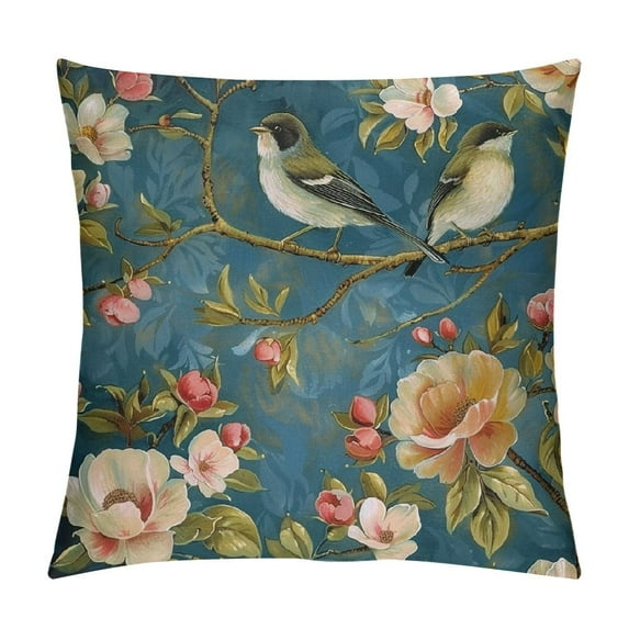 JEUXUS Navy Blue Chinoiserie Pillow Cover Spring Summer Floral Decorative Outdoor Throw Pillow Covers Vintage Flower Bird Pillowcase Cushion Cover for Sofa Couch Home Bedroom